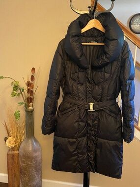 Louis Féraud Women's Black Long Quilted Belted Puffer Coat Jacket S/M